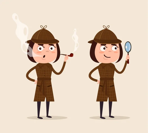 Sonriente personaje detective mujer mirando a través de lupa y pipa humeante. Vector plano ilustración de dibujos animados — Vector de stock