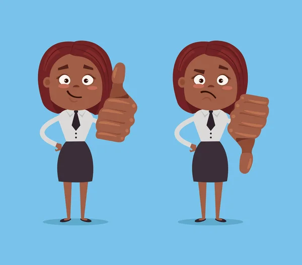 快乐的微笑和生气件伤心事女人非洲裔美国办公室工人字符显示喜欢和不喜欢的手势手势。矢量平面卡通插画 — 图库矢量图片