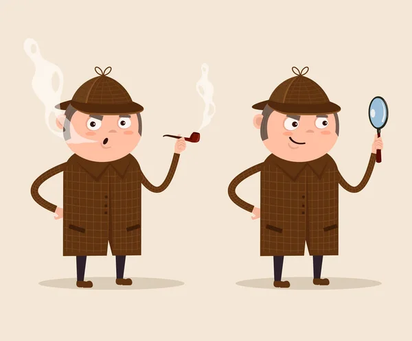 Sonriente personaje detective mirando a través de lupa y pipa humeante. Vector plano ilustración de dibujos animados — Archivo Imágenes Vectoriales