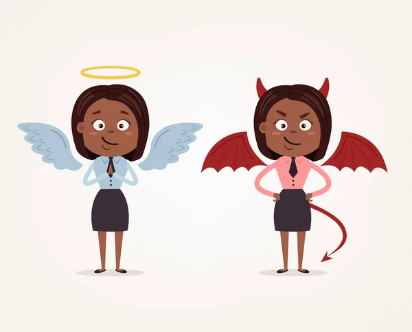 Angyal és ördög afro-amerikai üzleti nő irodai dolgozók karakterek. Jó és rossz. Vektor lapos rajzfilm illusztráció — Stock Vector