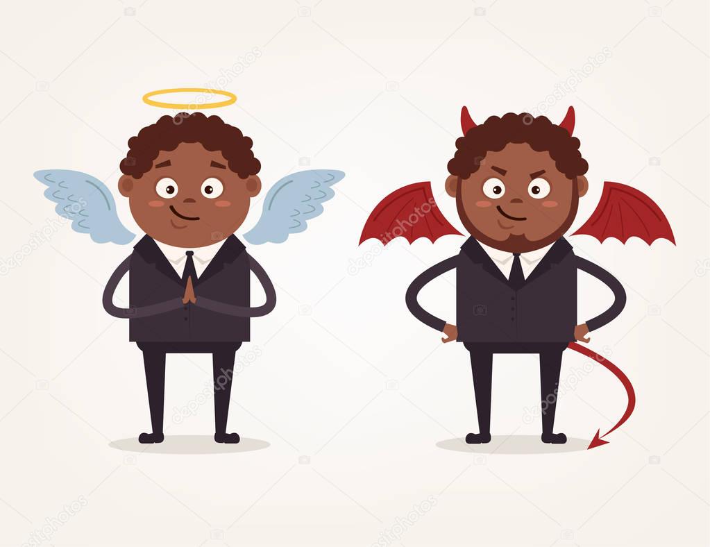 Angel and devil African American businessman office workers characters. Good and bad. Vector flat cartoon illustration