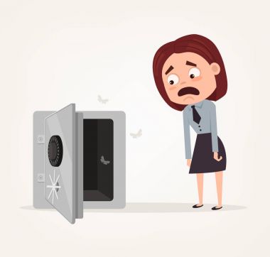 Üzücü şok zengin iş kadın karakter stand yakın açık kapı kasa boş. Para yok. Vektör düz çizgi film illüstrasyon