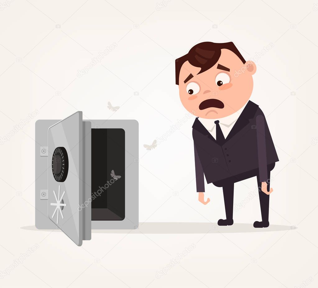 Sad shocked rich businessman character stand near open door safe empty box. No money. Vector flat cartoon illustration