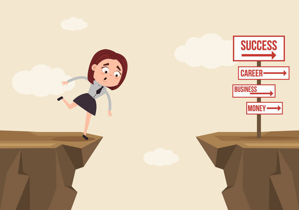 Confused scared business woman office worker character making hard decision. Vector flat cartoon illustration