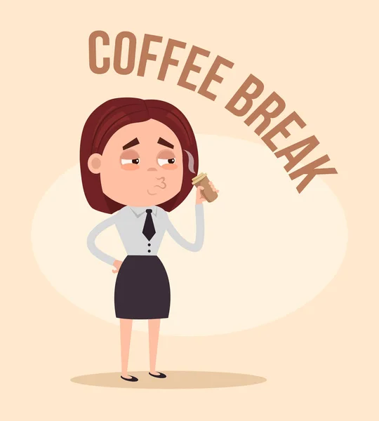 Happy smiling business woman office worker character drinking and smelling coffee. Vector flat cartoon illustration — Stock Vector