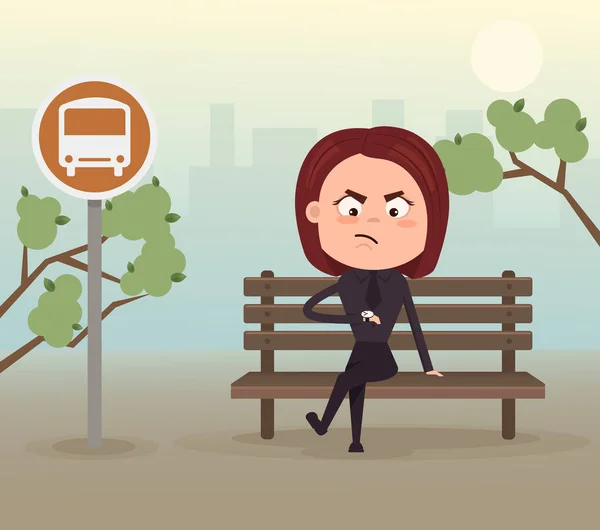 Angry nerveuse femme d'affaires de bureau personnage attendant tard bus regarder regarder et assis sur la station. Illustration vectorielle de dessin animé plat — Image vectorielle