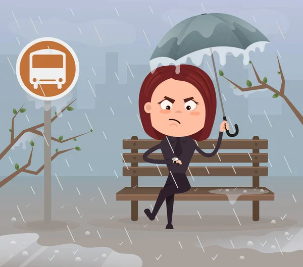 Dühös, ideges üzleti nő Hivatal munkás karakter vár későn busz pillantást néz, és ül az állomás. Esős rossz időjárás. Vektor lapos rajzfilm illusztráció — Stock Vector