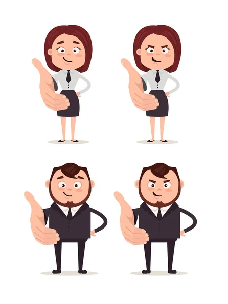 Lyckligt leende business man och kvinna office arbetstagare tecken rymmer ut handen för hälsningar. Flat tecknad vektorillustration — Stock vektor