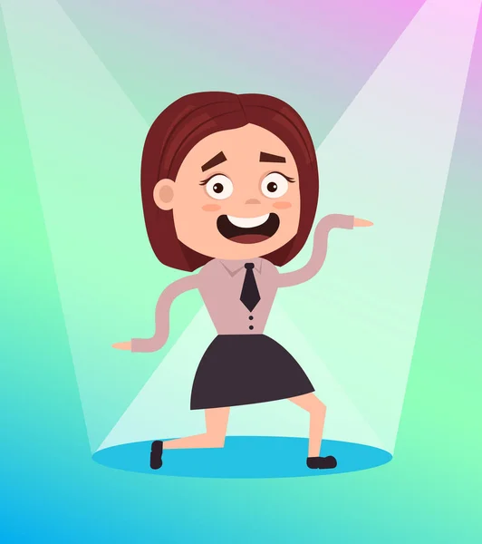 Usmívající se úřad pracovník obchodních žena postavička Happy tančí na firemní akci v klubu na tanečním parketu. Plochý kreslené vektorové ilustrace — Stockový vektor