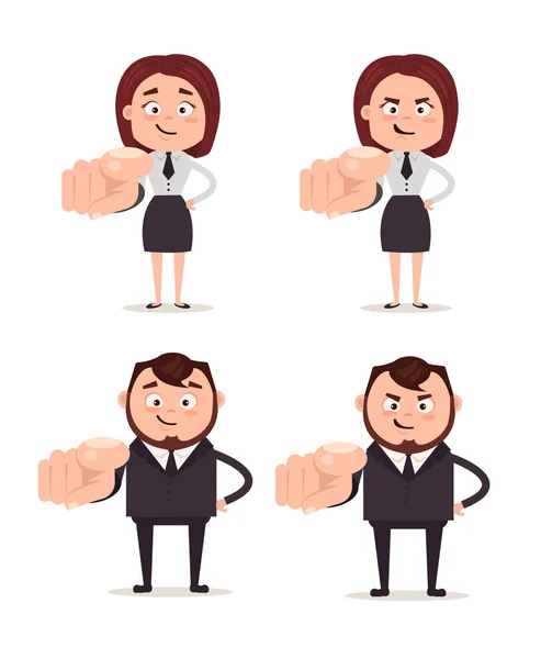 Lavoratori d'ufficio uomo d'affari e donna personaggio che indica e sceglie voi. illustrazione del fumetto piatto vettoriale — Vettoriale Stock