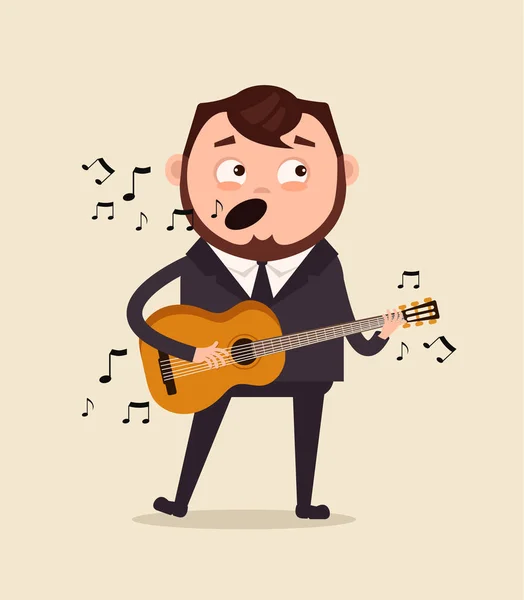 Heureux travailleur de bureau souriant personnage homme d'affaires chanter chanson et jouer de la guitare sur événement d'entreprise dans le club. Illustration vectorielle de dessin animé plat — Image vectorielle