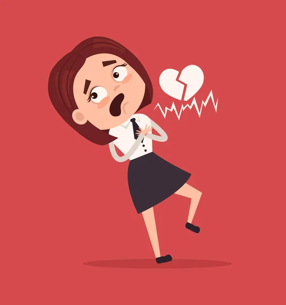 Triste trabajador de oficina infeliz mujer de negocios personaje tiene un ataque al corazón. Vector plano ilustración de dibujos animados — Archivo Imágenes Vectoriales