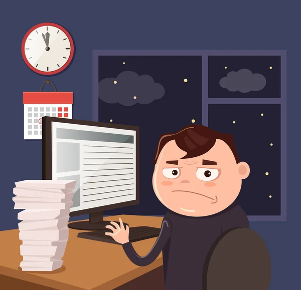 Homem infeliz trabalhador de escritório caráter empresário trabalhar duro e tarde. Ilustração de desenho animado plano vetorial — Vetor de Stock