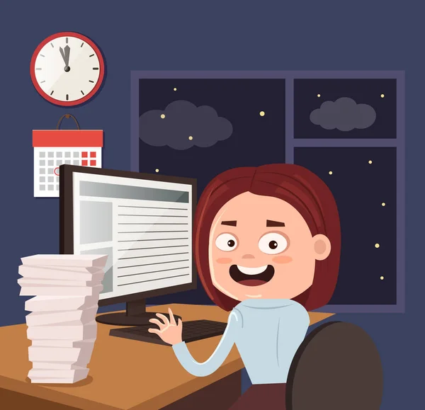 Happy, usmívající se žena office pracovník podnikatel charakter práce tvrdá a pozdním. Plochý kreslené vektorové ilustrace — Stockový vektor