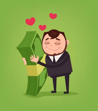 Mutlu gülümseyen office çalışan işadamı karakter sarıl büyük para. Vektör düz çizgi film illüstrasyon