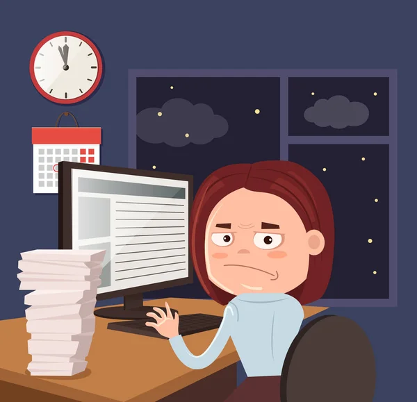 Mulher infeliz trabalhador de escritório caráter empresário trabalhar duro e tarde. Ilustração de desenho animado plano vetorial — Vetor de Stock