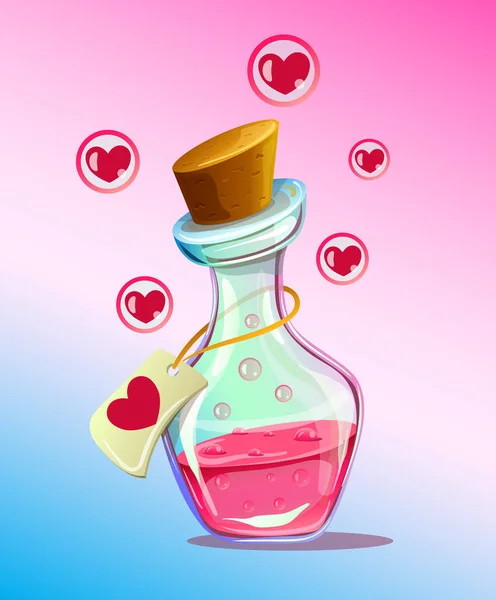 Frasco aislado rosa de la química del elixir del amor. Vector plano ilustración de dibujos animados — Vector de stock