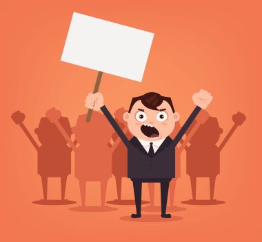 Kızgın adam ofis işçi karakter protesto için hakları grubu. Vektör düz çizgi film illüstrasyon