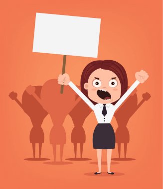 Öfkeli kadın ofis işçi karakter protesto hakları grubu. Vektör düz çizgi film illüstrasyon