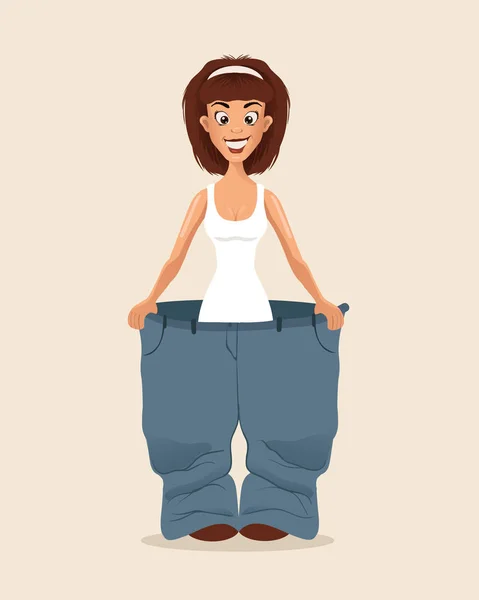 Feliz sorridente personagem mulher perder peso e tentar panelas grandes. Ilustração de desenho animado plano vetorial —  Vetores de Stock