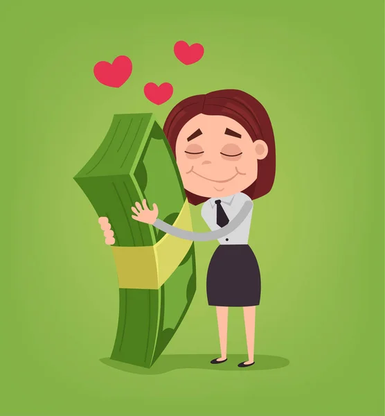 Feliz sonriente oficinista mujer de negocios personaje abrazo gran dinero. Vector plano ilustración de dibujos animados — Archivo Imágenes Vectoriales