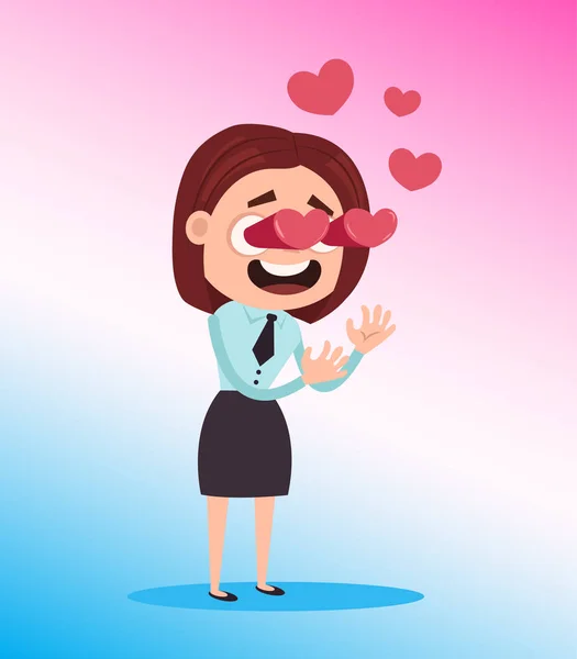 Feliz sonriente oficinista mujer de negocios personaje se enamoran. Ojos en forma de corazón. Vector plano ilustración de dibujos animados — Vector de stock