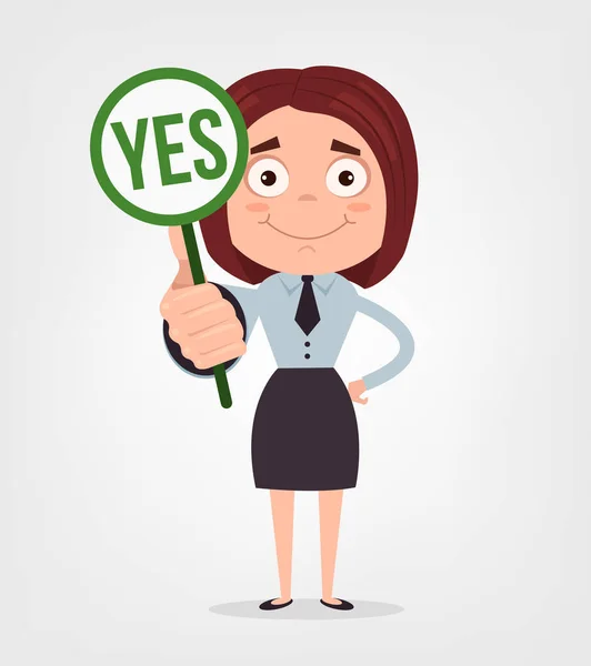 Happy smiling businessman office worker woman character hold yes sign and strike. Vector flat cartoon illustration — Stock Vector