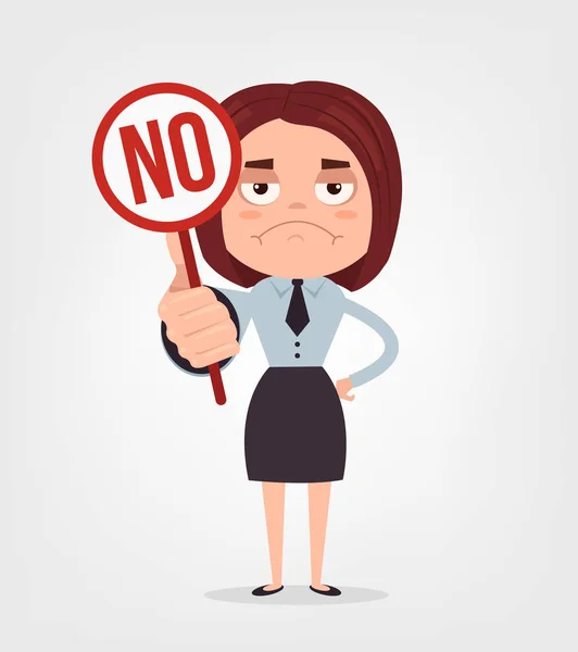 Rozzlobený smutný podnikatel kancelář pracovník ženská postava drží, žádné znamení a stávku. Plochý kreslené vektorové ilustrace — Stockový vektor