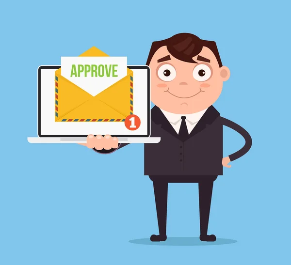 Heureux homme d'affaires souriant personnage de travailleur de bureau recevoir approuver lettre enveloppe de document par email site web en ligne. Illustration vectorielle de dessin animé plat — Image vectorielle