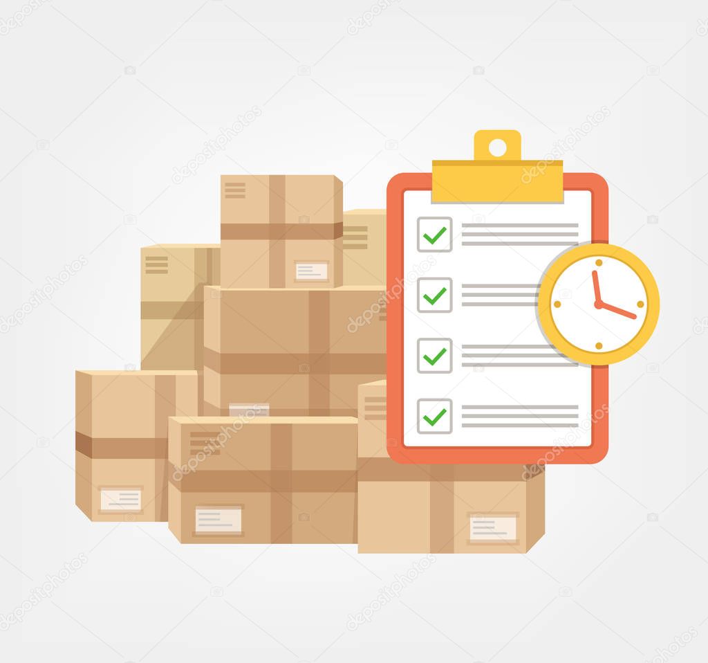 Package box with check list and clock in time.  Logistic fast online delivery concept web icon.  Vector flat cartoon illustration