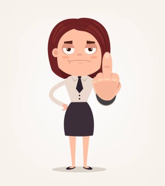Orta parmak ve gösteri saygısızlık gösteren mutsuz öfkeli patron işçi çalışan kadın ofis. Vektör düz çizgi film illüstrasyon 