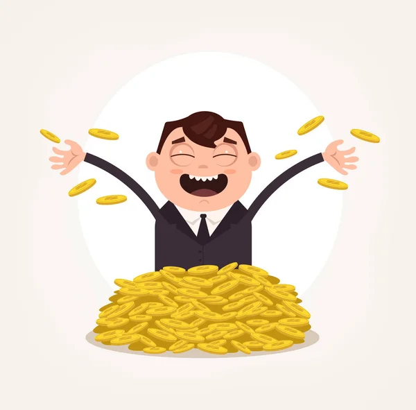 Glücklich lächelnder reicher Mann Büroangestellter Geschäftsmann Charakter schwimmt in Goldmünzen. Vektor flache Cartoon-Illustration — Stockvektor
