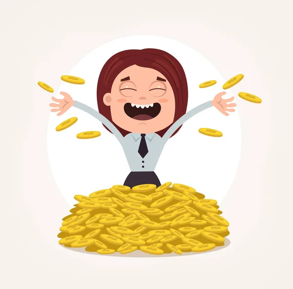 Feliz sonriente mujer rica oficinista empresario personaje nadando en monedas de oro. Vector plano ilustración de dibujos animados — Vector de stock