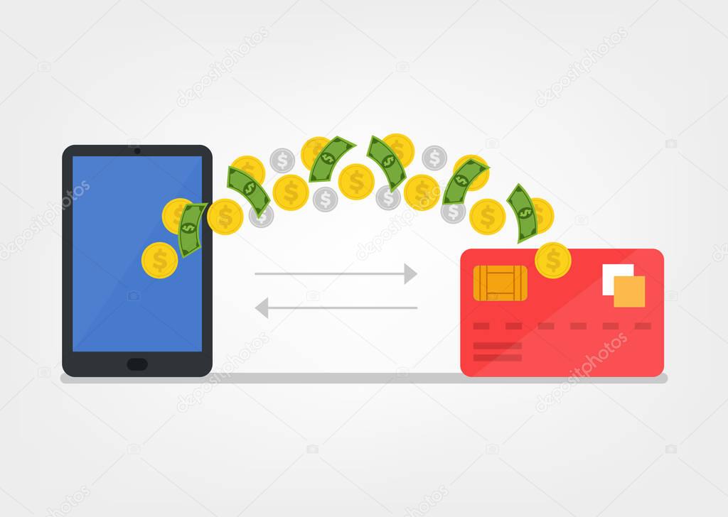 Money transaction smartphone telephone and credit card. Vector flat cartoon illustration