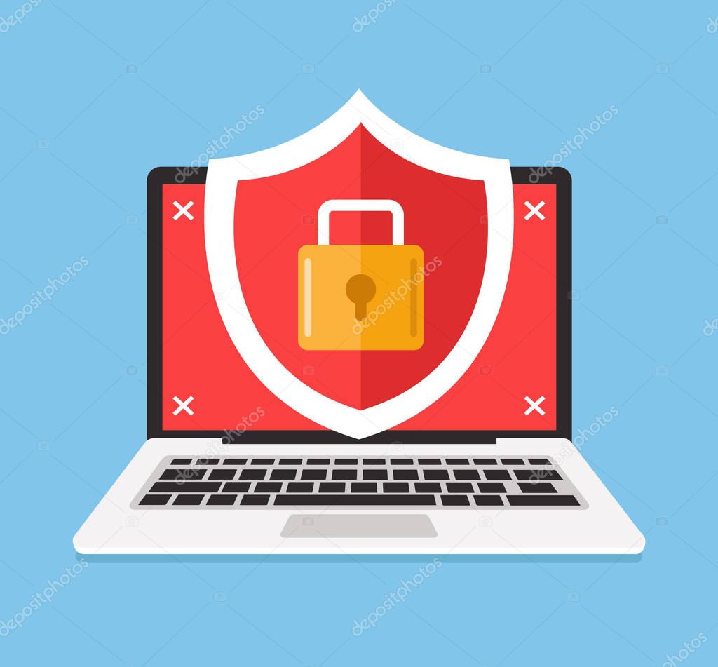 Secure laptop locked. Data and privet information protection concept. Vector flat cartoon illustration