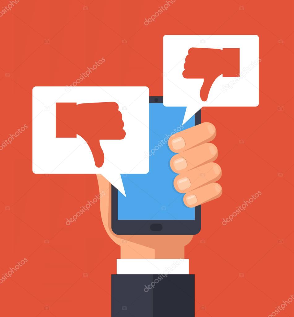 Hand holding smartphone with dislike message. Public opinion concept. Vector flat cartoon illustration