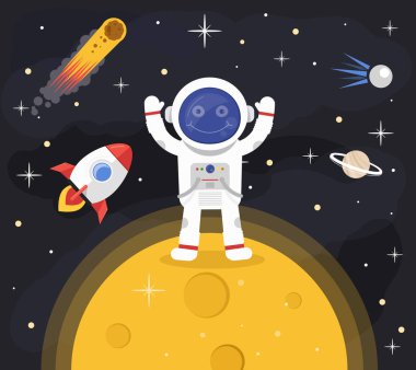 Mutlu gülümseyen astronot adam karakter ay ve tebrik yüzeyinde duruyor. Vektör düz çizgi film illüstrasyon