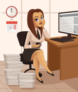 Sıkıcı ve düşünme oturan üzgün mutsuz office çalışan kadın. Vektör düz çizgi film illüstrasyon