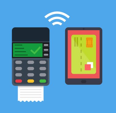 POS terminal ödeme smartphone izole simge ile. Vektör düz çizgi film illüstrasyon