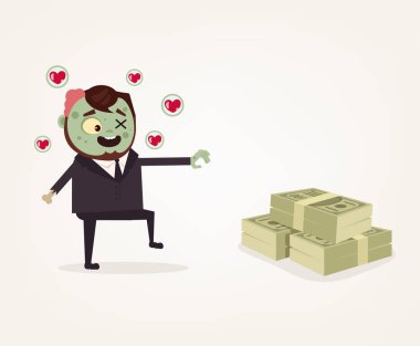 Zombi office çalışan işadamı karakter sonra para izleyin. Zor iş ve açgözlülük kavramı. Vektör düz çizgi film illüstrasyon