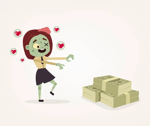 Zombie Büroangestellte Geschäftsfrau Charakter folgen nach Geld. Harte Arbeit und Gier. Vektor flache Cartoon-Illustration — Stockvektor
