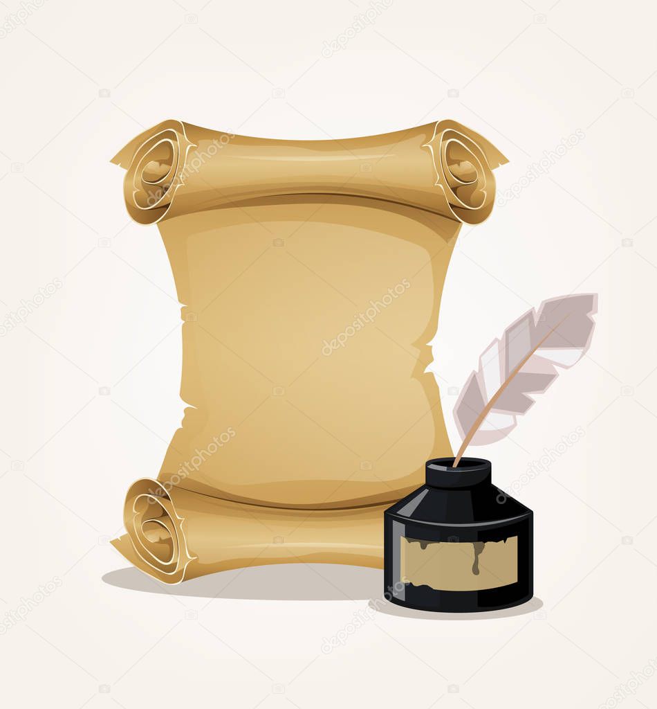 Old ancient ink bottle and paper roll. Vector flat cartoon illustration