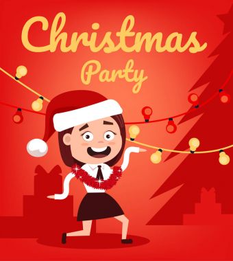 Parti dans Noel ve mutlu yeni yıl mutlu gülümseyen office çalışan kadın karakter evlen. Vektör düz çizgi film illüstrasyon