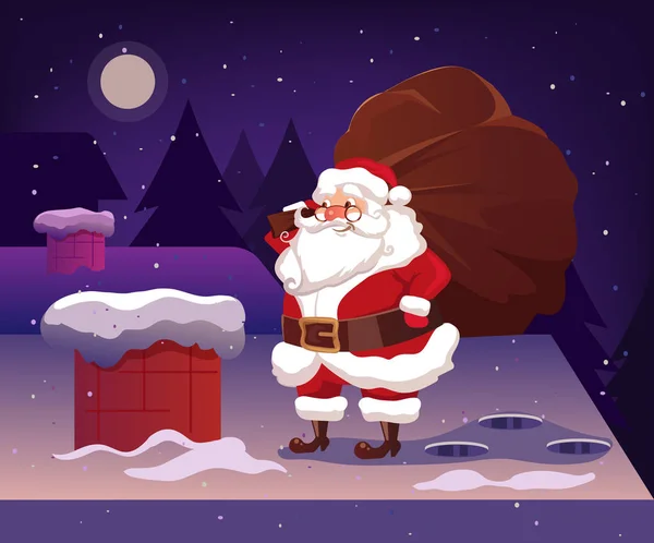 Счастливый улыбчивый персонаж Санта-Клауса на крыше с большой сумкой подарков. С Новым годом и Рождеством. Векторная плоская иллюстрация — стоковый вектор