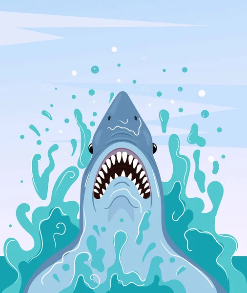 Grote enge haai springen uit het water. Vectorillustratie platte cartoon — Stockvector