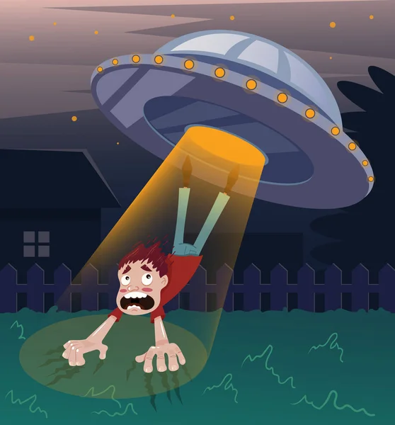Asustado hombre gritando personaje secuestrado por aliens.Vector ilustración de dibujos animados plana — Archivo Imágenes Vectoriales