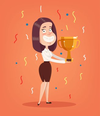 Altın Kupa tutan mutlu gülümseyen office çalışan kadın karakter kazanan. Vektör düz çizim