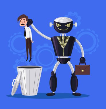 Robot insan adam karakter vs. Otomasyon kavramı. Vektör düz çizim