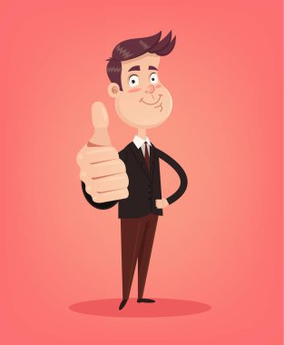 Ok işaret gösteren mutlu gülümseyen office çalışan adam karakter. Vektör düz çizim