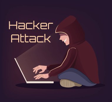 Kızgın adam hacker karakter çalışırken gülümseyen çatlamak online siber internet banka sistemi. Çevrimiçi dolandırıcılık kavramı. Vektör düz çizim